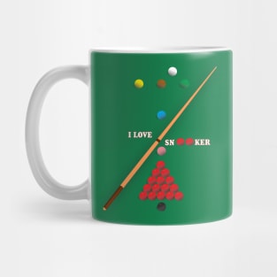 I Love Snooker design showing Snooker Balls arranged as on table. Mug